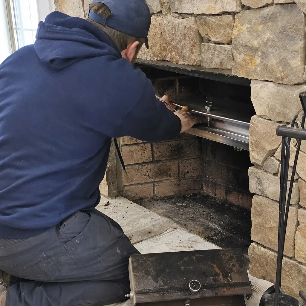 Professional chimney technician installing a fireplace damper insert in a stone hearth